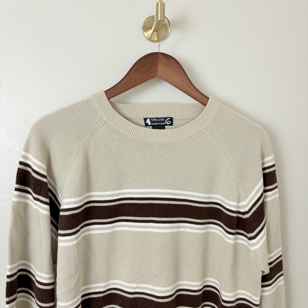 Vintage Mens Brown Striped Knit Sweater Y2K Size Large Preppy Skater Kurt Cobain - Picture 2 of 9